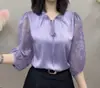 Nova moda primavera e verão, camisa de 5 botões com cadarço e renda floral tridimensional, modeladora e versátil, top de camisa elegante e de alta qualidade