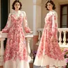 Exclusivamente para Ventas Transfronterizas, Elegante Vestido Retro de Manga de Farol con Cuello Alto y Botones, Falda Larga con Estampado de Posicionamiento y Flores Tridimensionales