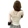 Camiseta de manga corta con lunares, estilo puramente deseable, para mujer, con copas incorporadas, sin tirantes, efecto dos piezas, hombros descubiertos, un solo hombro, top con espalda bonita para mujer