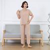 Terno de seda de algodão feminino de manga curta de manga curta Cor sólida Tamanho grande Roupa externa elegante da mãe Casual Algodão Seda Casa Pijama de duas peças