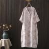 Vestido Longo Elegante Artístico de Manga Três Quartos com Decote em V e Manga de Gaze de Algodão Estampado para Mulheres Primavera/Verão 2025 Longo Solto Casual