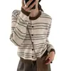 Cardigan Suéter Listrado Color Block Retrô para Mulheres, Engrossado, Novo Outono/Inverno 2026, Solto, Malha Macia, Top Casaco