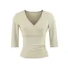Camiseta Sexy Caliente de Color Albaricoque con Cuello en V Cruzado y Mangas Tres Cuartos para Mujer, Diseño de Verano, Elástica, Ajustada, Top Elegante