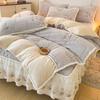 Conjunto de Cama Grosso de Pelúcia de Coelho Quatro Peças Outono e Inverno Veludo Leite Veludo Coral Renda Lençol Capa de Edredom