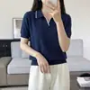 Nuevo estilo de verano, algodón puro tejido, manga corta, cuello camisero, bloques de color con ribete, fino, holgado, versátil, top de color liso estilo coreano para mujer