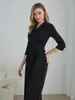 Ropa Europea y Americana para Mujer Transfronteriza Primavera y Otoño 2025 Mono Elegante de Color Puro con Cuello en V de Media Manga de Pierna Ancha