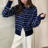 Cárdigan de Punto Rayado Retro Color-Block para Mujer, Estilo Coreano, Nuevo Otoño/Invierno, Casual, Adelgazante, Elegante, Versátil Suéter
