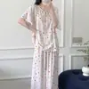 Pijama Familiar de Algodón y Seda Estilo Chino Estampado con Lazos Ropa de Casa de Algodón y Seda Elegante Fresco Sensación de Alta Calidad Conjunto de Manga Corta Delgado