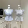 Top de Manga Curta Listrado Azul/Cinza Estilo Momo Nuonuo, Azul e Cinza, Roupa Ye Hong, Casaco de Algodão Liso