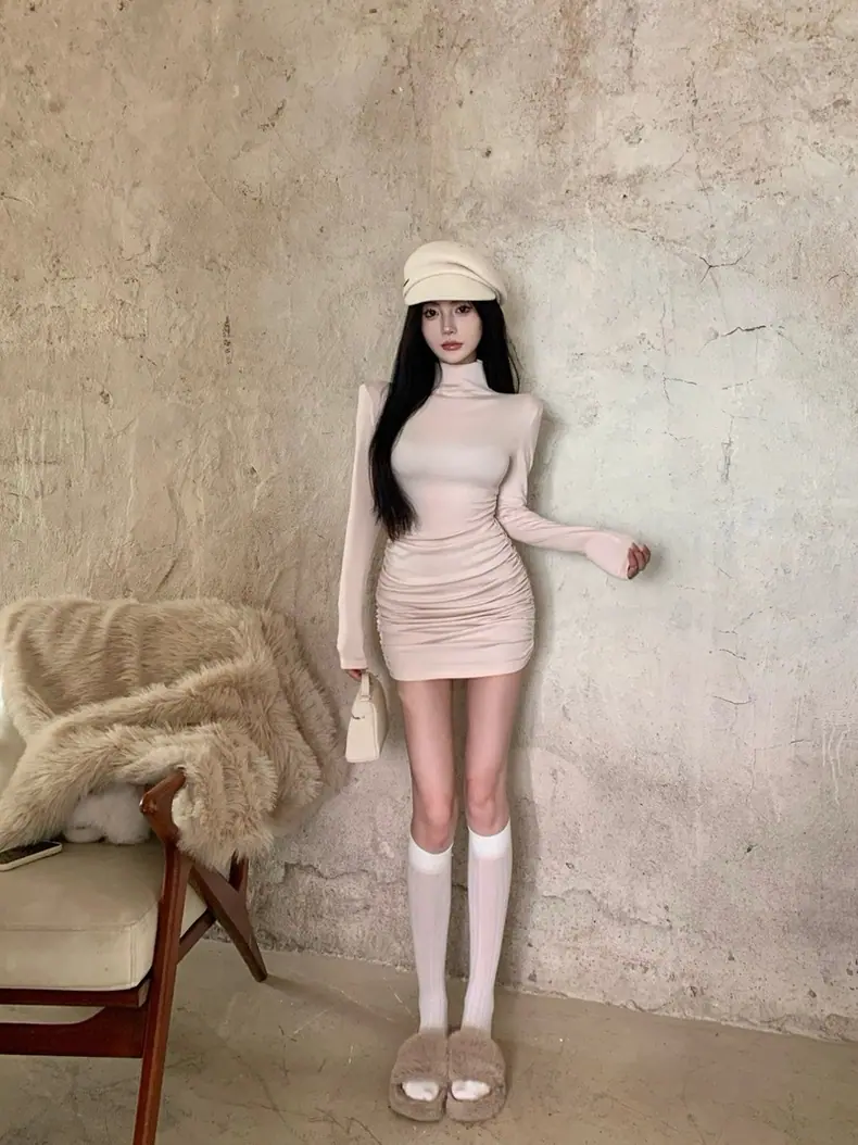 商品详情图_辣妹半高领长袖连衣裙女秋冬季修身包臀裙内搭打底裙