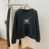 Sudadera de Forro Polar Bordada de Gato de Diseño de Nicho para Mujer, Suave y Amigable con la Piel, Sudadera Interior de Cuello Redondo, Chaqueta Engrosada