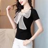 Playera de Manga Corta con Lazo para Mujer Verano 2025 Nueva Estilo Coreano Estilo Europeo Adelgazante Nicho Camiseta Top Elegante