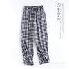 Calças de pijama para casal, primavera, outono e verão, fio de algodão fino, camada dupla, calças xadrez para homens e mulheres, estilo japonês, calças confortáveis e simples para casa