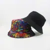 Chapéu de Pescador com Estampa Digital Frente e Verso Graffiti Abstrato para Homens e Mulheres, Chapéu Bucket Tendência ao Ar Livre com Proteção Solar