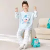 Pijama Nuevo Estilo para Niñas Otoño e Invierno, Pijama Cálido de Franela con Dibujos Animados para Niños Cuello Redondo, Conjunto de Ropa de Casa con Forro de Polar para Mujer