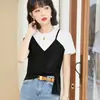 Tiro real2026 Verano Nuevo Estilo Patchwork Negro Falso Dos Piezas Hombro Normal Camiseta Sentido del Diseño Superior Irregular
