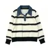 Suéter de Tricô Listrado Contrastante Estilo Coreano Outono Inverno Novo Solto Estilo College Gola Casual Suéter Top