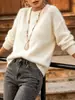 Suéter de punto largo para mujer, suave y acogedor, cuello redondo, manga larga, corte holgado, hombros descubiertos, casual y versátil