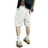 Shorts Cargo Branco Original Lavagem Pesada Solto Jeans com Manchas de Tinta Junta de Bambu Bolso Grande Comprimento até o Joelho Unissex