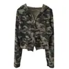 Jaqueta com capuz e mangas compridas camuflada estilo americano picante para mulheres, nova coleção de início de outono, única e chique, modelagem justa, com zíper, estilo curto