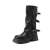 Botas Nuevas de Otoño/Invierno 2026 Color Rojo Vino de Media Pantorrilla para Mujer Suela Gruesa Hebilla Tubo Apilado Botas Casuales Martin Botas Venta al por Mayor