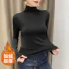 Blusa Floral Slim de Gola Alta Outono Inverno Camisa Base Manga Longa Feminina Versátil Modeladora Cor Sólida Lã Quente