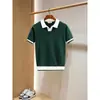 Camisa Polo de Seda Helada con Cuello Camisero para Hombre Camisa de Punto de Color Contrastante para Hombre Juvenil Ajuste Delgado Manga Corta Camiseta de Verano para Hombre Moderna