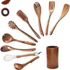 Espátula Pequeña de Madera de Acacia, Espátula de Madera para Sartén Antiadherente, Cuchara Sopera de Madera con Mango Largo, Cuchara Pequeña de Madera para Arroz, Juego de Espumadera para Fideos de Madera de Teca