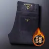 Jeans masculino de alta qualidade, marca internacional italiana, corte slim fit reto, forrado com lã para o inverno, espessado, lavado, calça casual e versátil