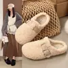 Pantuflas de Piel Planas con Hebilla de Moda para Mujer, Para Usar al Aire Libre 2026 Invierno Slip-on Mulas Perezosas con Peluche Adicional Pantuflas de Algodón