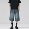 Novos shorts jeans de verão com padrão de raio azul desgastado estilo retrô americano para homens e mulheres, calças cropped retas largas, da moda