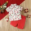 Roupas de Verão para Meninos Conjunto de Camisa de Manga Curta com Papai Noel e Rena Conjunto de Duas Peças com Shorts para Meninos Fornecimento Transfronteiriço Roupas Infantis