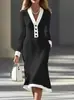 2025 Exportação Transfronteiriça Europeia e Americana Primavera e Outono Elegante Roupa de Trabalho Color Block Decote V Saia de Comprimento Médio Vestido Casual
