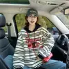 Moletom com Capuz Listrado Fino Ultra-Popular da Moda para Mulheres, Estilo Preguiçoso com Estampas Divertidas, Blusa Casual Solta da Moda para Usar por Cima