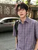 Camisa de Manga Corta a Cuadros Azules Retro Americana para Hombres y Mujeres, Estilo Juvenil de Verano, Camisa a Cuadros de Hombro Recto
