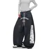 Pantalones Casuales con Cordón Estampado de Letras Retro Americano Desgastado para Mujer de Moda Sueltos de Pierna Ancha Estilo Cimitarra Pantalones Largos hasta el Suelo