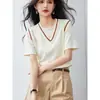 Camiseta de Manga Corta de Punto de Seda Helada Falsa de Dos Piezas con Cuello en V para Mujer, Corte Holgado con Diseño Color Block para Verano
