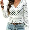 Primavera/Verão 2026 Temu Transfronteiriço Novo Europeu e Americano Gola Redonda Estampado Poá Franzido Manga Longa Decote V Moda Casual Top