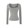 Camiseta Básica de Manga Larga para Mujer, Color Sólido, Elástica, Cuello en U Sexy, Bolsillo, Ajustada, Define la Cintura, para Otoño