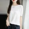 25 Años Nuevo Verano Tencel Lino Cuello Redondo Tejido Camiseta de Manga Corta para Mujer Pulóver Texturizado Camisa Base Top
