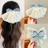 Presilha de Cabelo Infantil com Laço de Renda Xadrez Azul e Branco Estilo Princesa Presilha de Cabelo com Fita na Parte de Trás da Cabeça Super Fada Presilha de Cabelo Acessórios de Cabelo