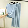 Camiseta de Modal para Mujer Verano Cuello Redondo Holgada Manga Corta Top Pantalones Anchos de Pierna Ancha de Cintura Alta Conjunto de Dos Piezas Color Sólido Delgado