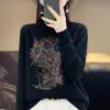 Suéter básico de malha feminino para outono e inverno, de caimento solto, modelador, com estampa de penas, gola semi-alta, estilo simples