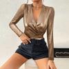 Comercio Exterior Transfronterizo Estilo Elegante de Fiesta Cuello en V Brillante Cuello en V Top Plisado Verano Sentido del Diseño para Mujer Camiseta Dorada de Manga Larga