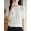 Top de punto simple con cuello redondo y manga corta para mujer, para uso en verano, jacquard calado, tacto de alta gama, camiseta blanca de lino con tacto fresco