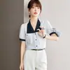 Camisa de Manga Corta para Mujer, Nuevo Estilo Verano 2026, Talla Grande, Solapa Estilo Francés, Texturizada, Gama Alta, Top de Gasa de Nicho