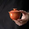 Moji Alum Rojo Esmalte Tapa Antigua Cuenco Juego de Té Kung Fu Cerámica Cuenco para Té de Roca Oro Ciruelo Orquídea Bambú Crisantemo Imitación Cuenco para Té con Espuma Caliente