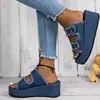 Sandalias de mezclilla tipo slip-on de talla grande con hebilla para mujer, para uso exterior en verano, nuevas pantuflas de suela gruesa 2024