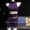 Guiyun Nuvem Rosa Lingerie Sexy Púrpura Puro Suéter Vazado Gola Alta Bodycon Sexy Conjunto de Saia Curta