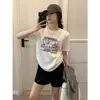 Camiseta de Algodón Puro con Estampado de Dibujos Animados de Línea Azul Simple para Mujer, Top de Verano con Cuello Redondo Estilo Commuter, Ropa Interior Casual, Mangas Cortas Versátiles